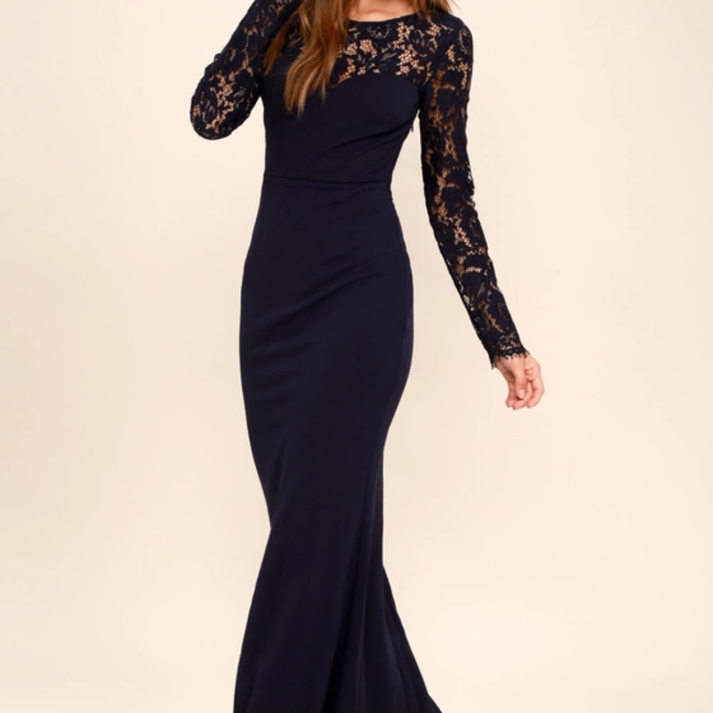 Whenever You Call Navy Blue Lace Maxi Dress